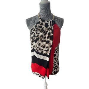 Calvin Klein Sleeveless Black Red Chiffon Cheetah Print Trapeze Blouse Top Small